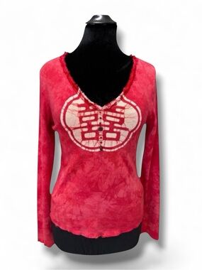 Y2K Language Los Angeles Asian Tie Dye Distressed Beaded Top